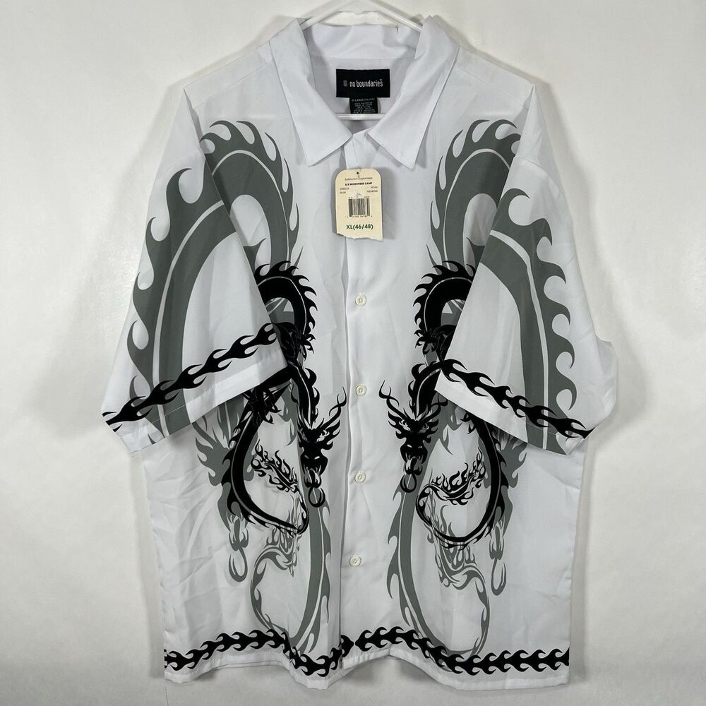 No Boundaries Short Sleeve Button Up Club Shirt Men XL White Dragons Y2K VTG NWT